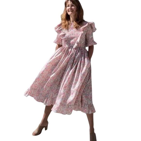 Horror Vacui Dorothy Ruffled Floral Cotton Poplin Midi Dress Size Medium - Picture 15 of 15